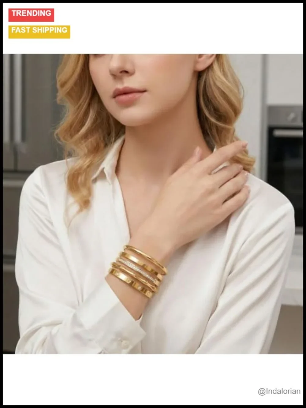 18K Gold Plated Bangle Bracelets Waterproof Stackable Stainless Steel Set
